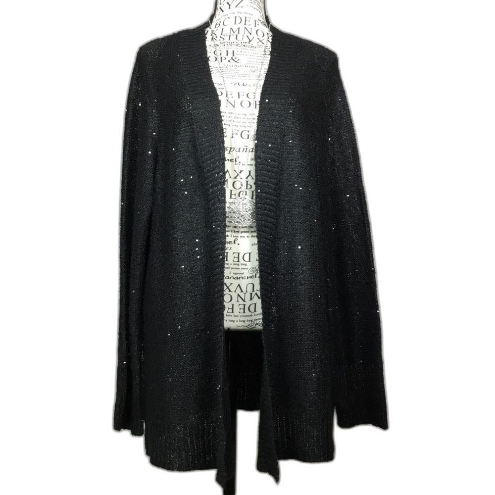 Sparkly sequin black open front cardigan duster witchy witchcore fairy size Lg